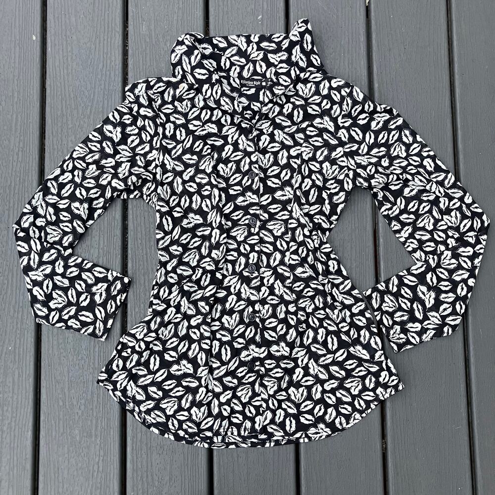 Vintage black and white lip print button up, Y2K indie grunge coquette